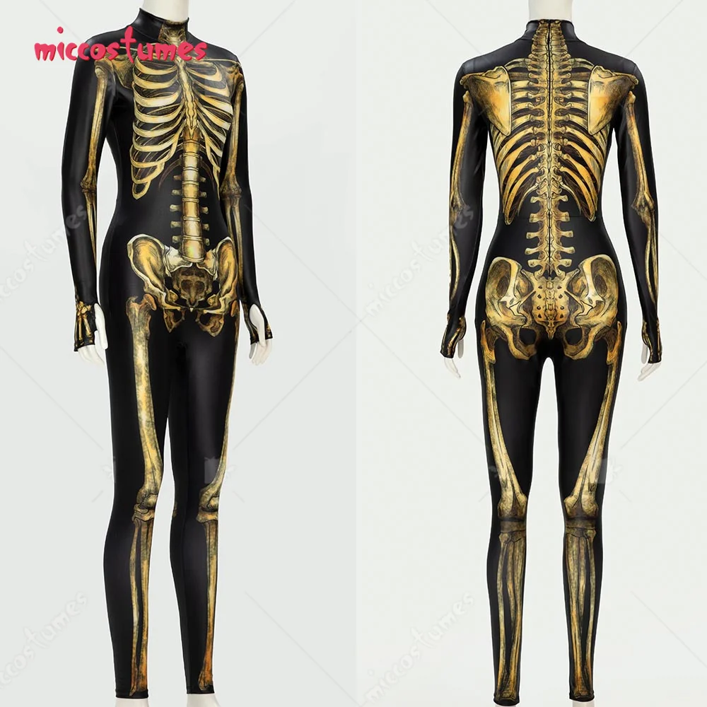 haikyuu Women Golden Skeleton Bodysuit Halloween Skull Cosplay Outfit Jumpsuit Long Sleeve Bone Goth Style