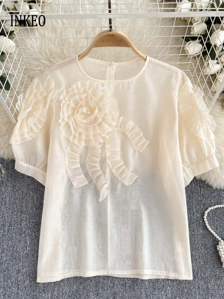 Design Women's Three-dimensional floral tops O-neck short puff sleeve T-shirt Streetwear 2054 Summer Sheer shirt INKEO 4T089