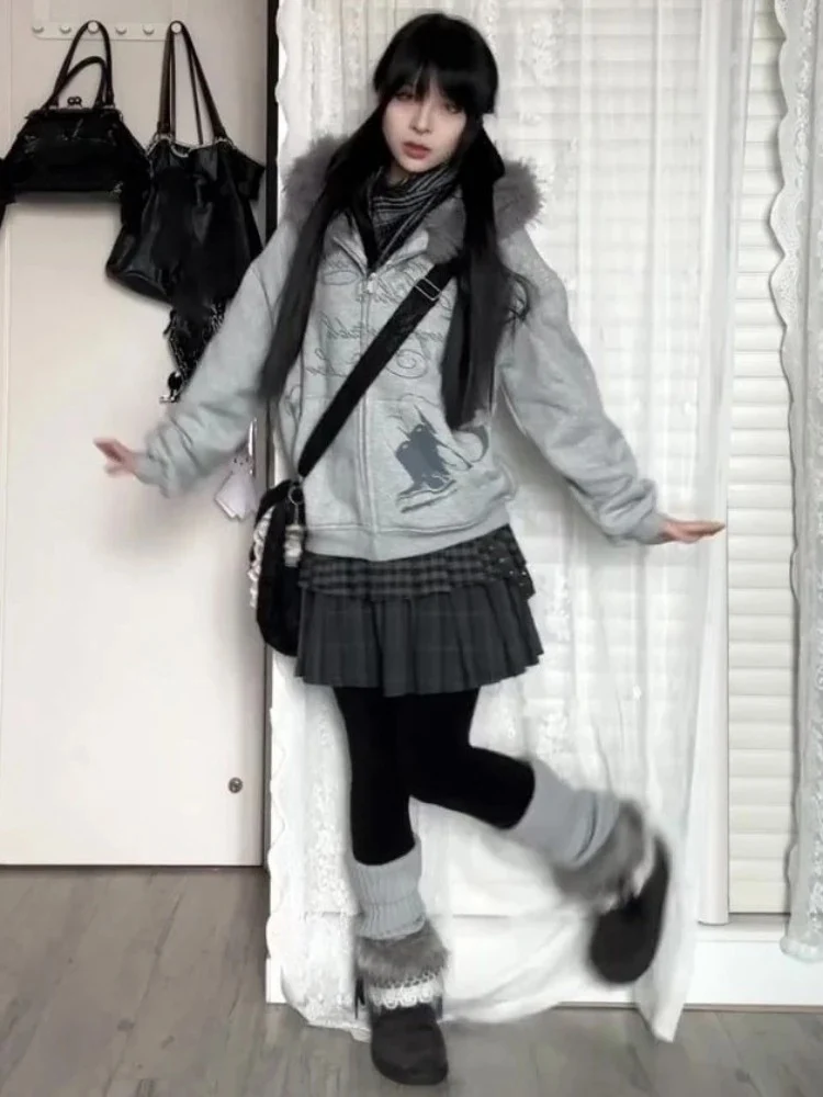 المرأة اليابانية الكرتون طباعة بلوزات Harajuku خمر الفراء المرقعة مقنعين هودي Y2k الجمالية عادية الجرونج جيب هوديس #3