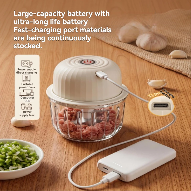 260ml Portable Electric Garlic Grinder Onion Chopper with 1 Button Start Meat Grinder Kitchen Food Vegetable Mixer