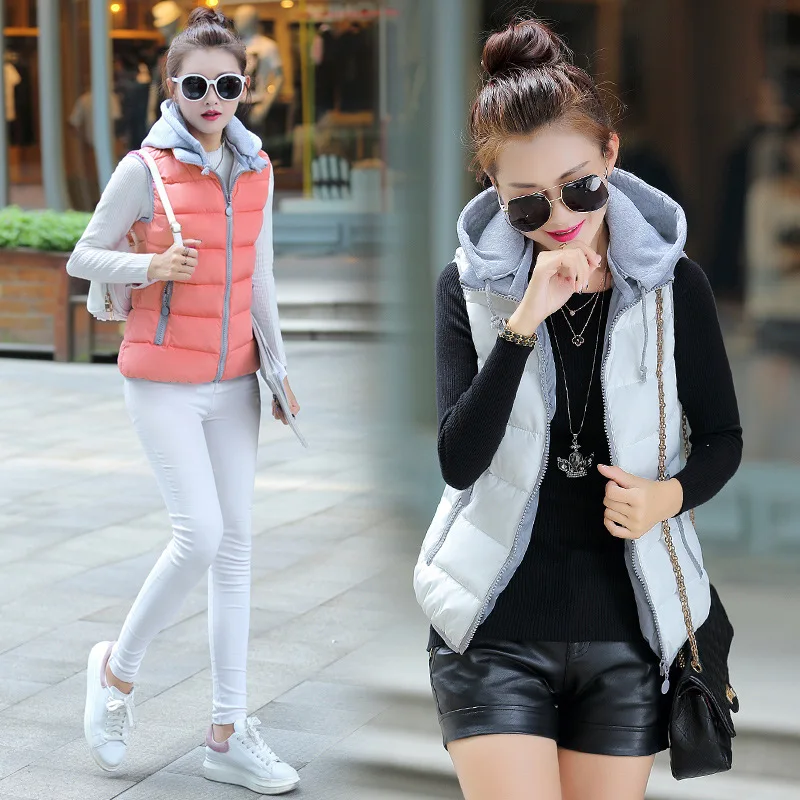 

Women's Large Size Cotton down Vest Autumn Winter New Sle Korean Candy Color Hooded Jaet Stand Fit Zipper Closure Danc...
