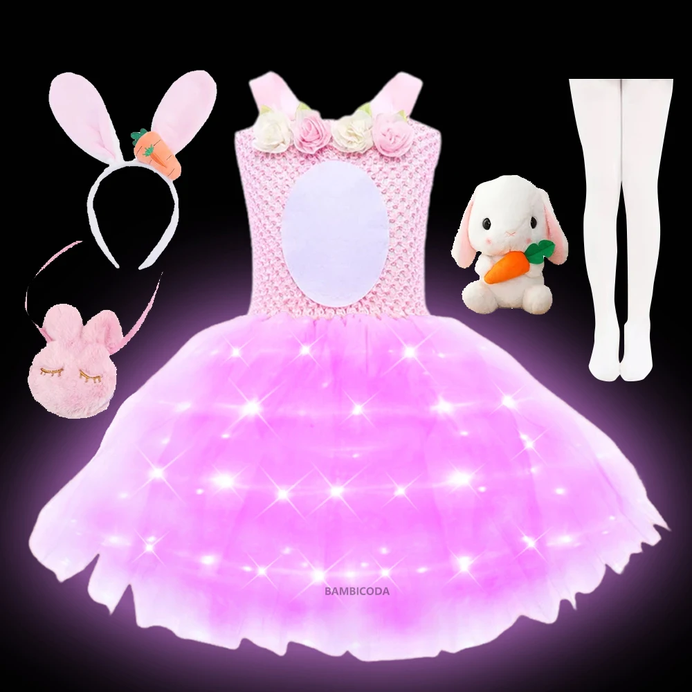 

Белый светодиодный светильник, костюмы кролика для маленьких девочек, нарядное платье на Пасху, детский кролик, Хэллоуин, детская одежда с животными для дня рождения