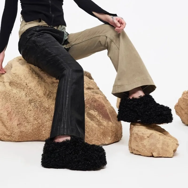 

High Heels Women's Cotton Slippers Fur Platforn Casual Warm Mules Shoes 2026 Fashion Short Plush Winter Snow Boots Para Mujer