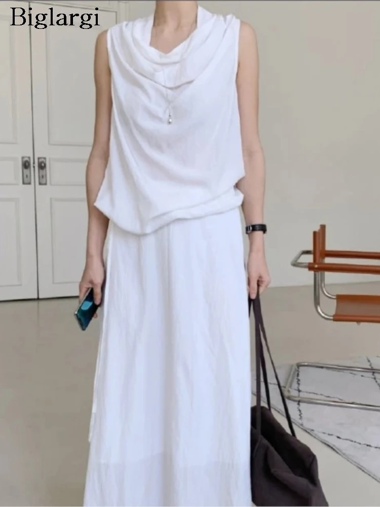 

Summer Sleeveless Tops And Long Skirt Two 2 Piece Set Women Fashion Korean Style Ladies Skirts Suit Office Woman Skirts Sets
