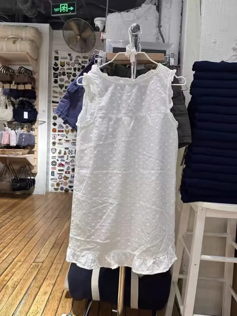 Biała Sukienka Mini z Falbankami, Okrągłym Dekoltem, Letnia Odzież Uliczna, Zapinana na Guziki, Bez Rękawów, Krótka Sukienka w Linii A, Vestidos, Słodka Elegancka Sukienka Vintage