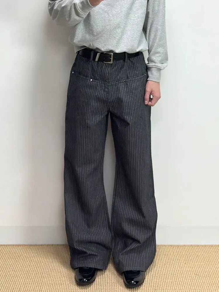 American High Street Vertical Stripes Casual Loose Knife  Men Women Premium Feel Long Pants Match All Wide Leg Jeans