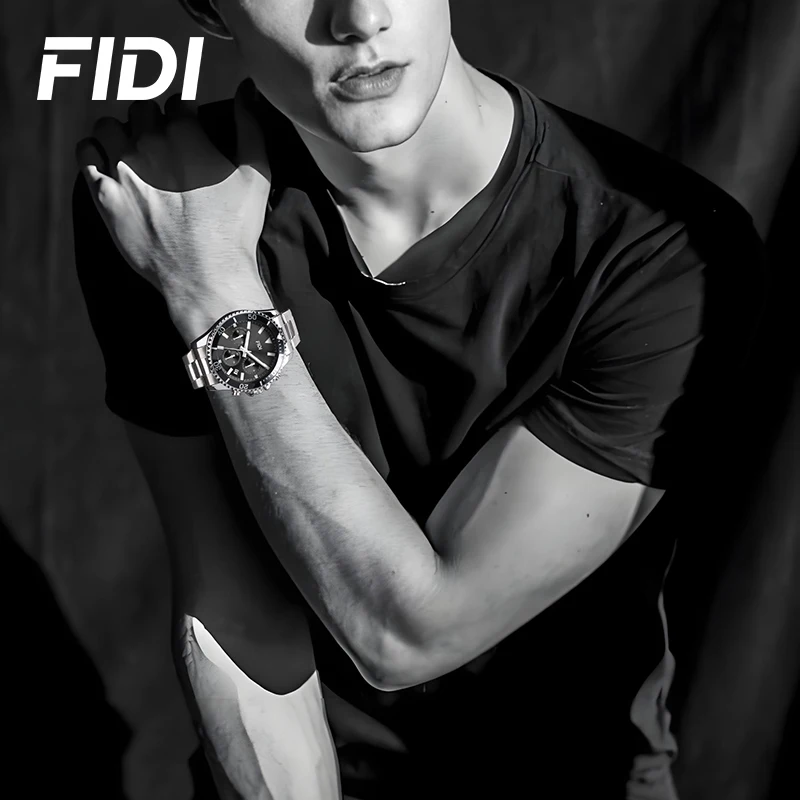 FIDI Mens Chronograph Quartz Watch Stainless Steel Bracelet 3ATM Waterproof Rotating Bezel Luminous Hands Sport BusinessWatch