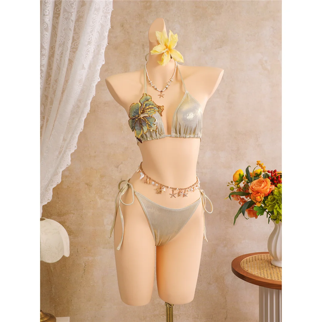 3D-Blumen mit Rock, Neckholder-Bikini, Damen-Badebekleidung, dreiteiliges Bikini-Set, gepolsterter Badeanzug, Badeanzug, Schwimmbekleidung V8368 – Detail 9