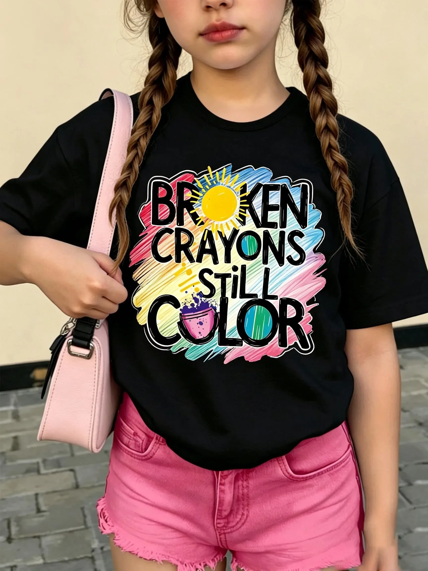 Cute Girls Daily T Shirt Broken Crayons Still Color Vibrant Paint Brush Print Children Short Sleeve Positive Message Top