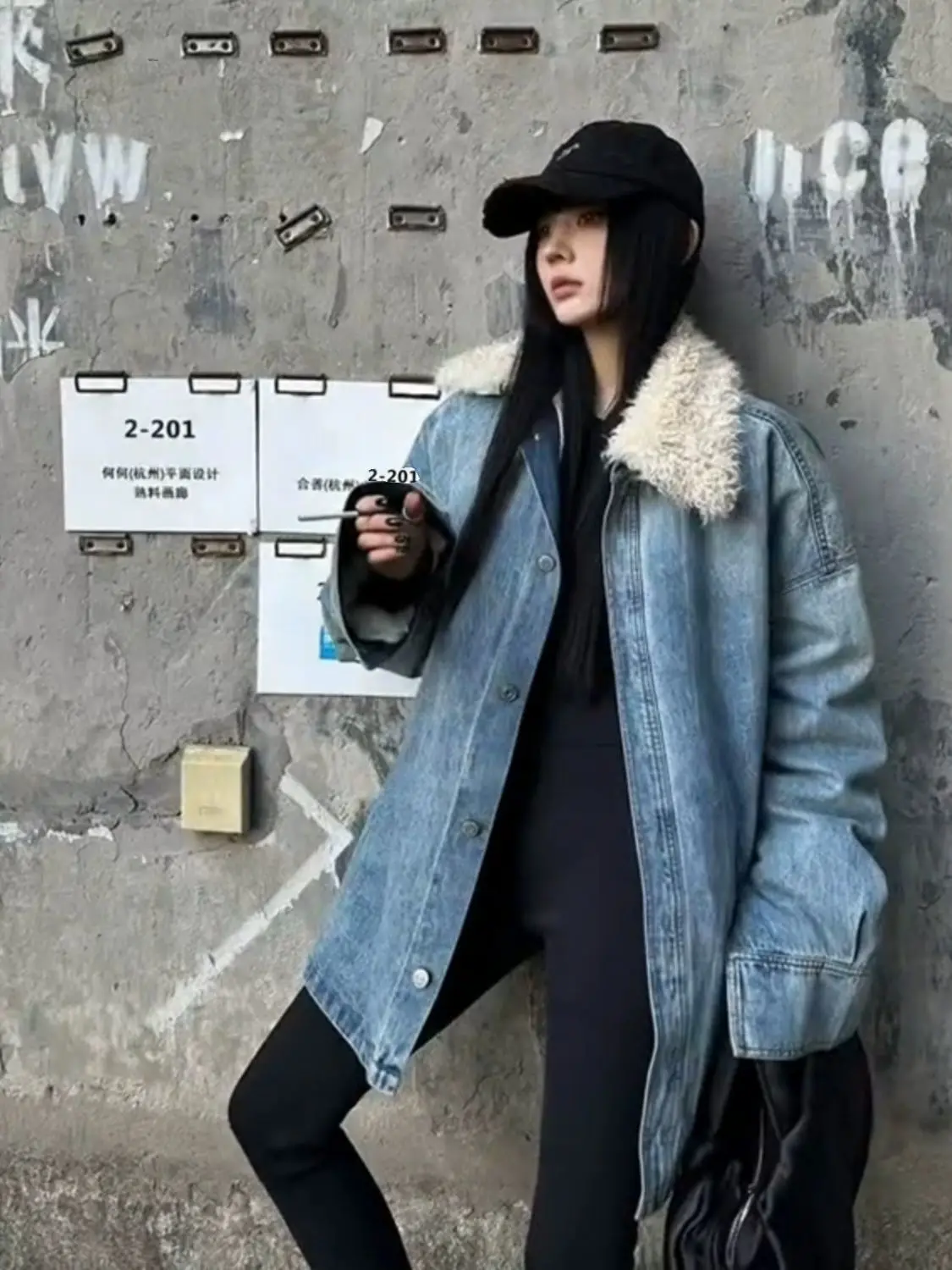 

Denim Coat Belt Fur Plush Womens Winter Standneck Slim-Fit Button-Down Urban Social Gathering Minimalism Vacation Elegant Jacket