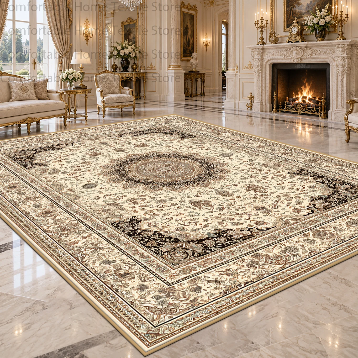 European Palace Classic Luxury Big Living Room Rug Beige Brown Ornate Floral Traditional Decor Carpet Fluffy Non-slip Floor Mat