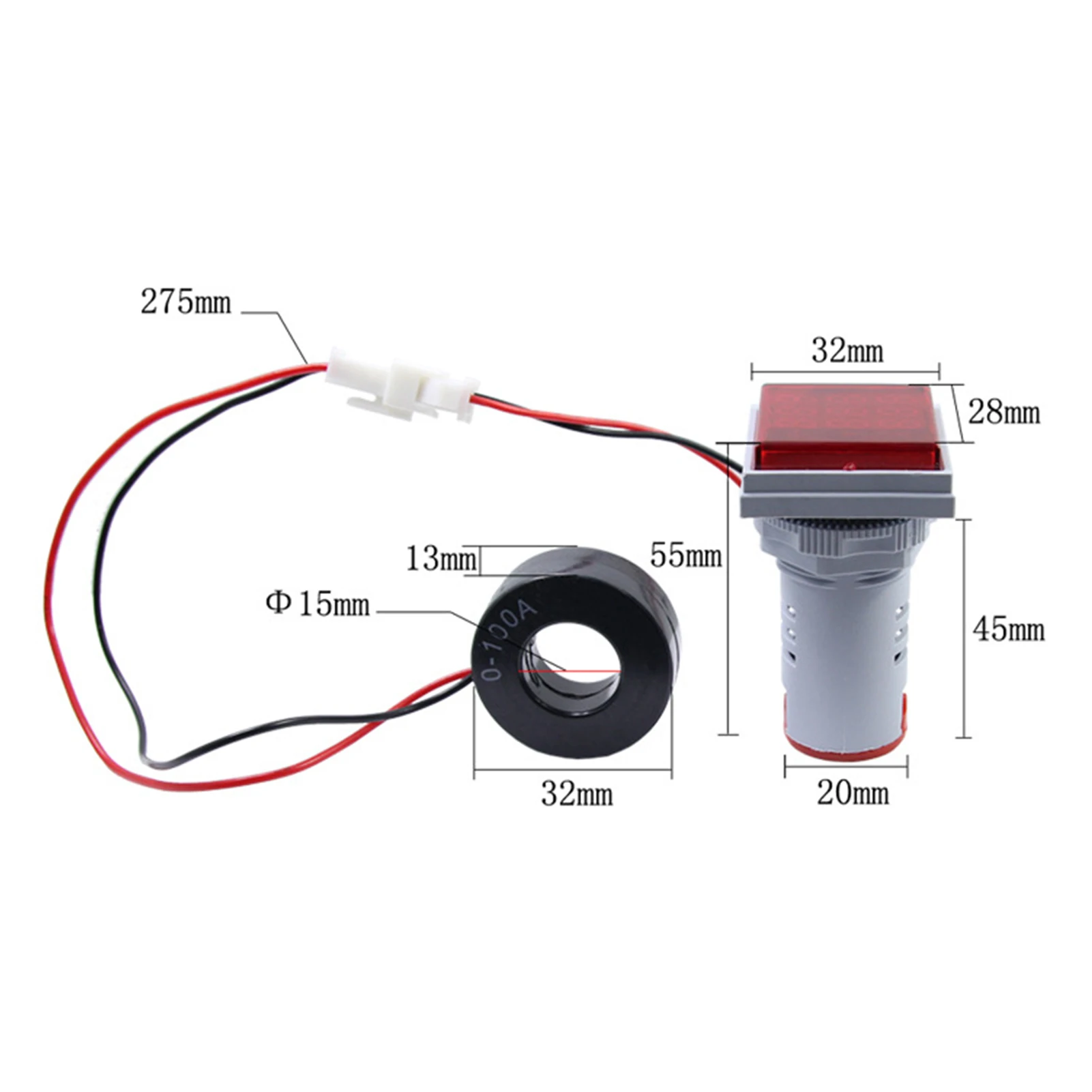 Pantalla de tres dígitos Frecuencia de voltaje de corriente CA Indicador 3 en 1 Monitor de medición LED de cabeza cuadrada de 22 mm AC60-500V 0-100A 20-75 Hz