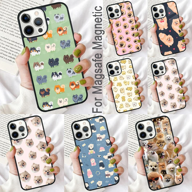 Cartoon Pomeranian Dog Magnetic Soft Phone Case for iPhone 16 Promax 15 Pro 13 14 Plus 11 12 Mini MagSafe Coque