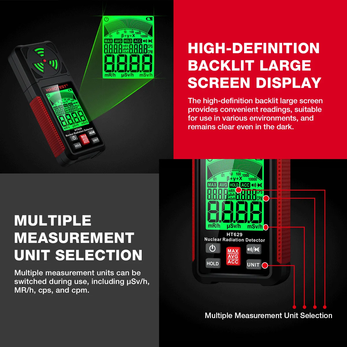 HABOTEST HT629 Nuclear Radiation Detector Geiger Counter X-ray Beta Gamma Radioactivity Detector for Nuclear Wastewater Tester