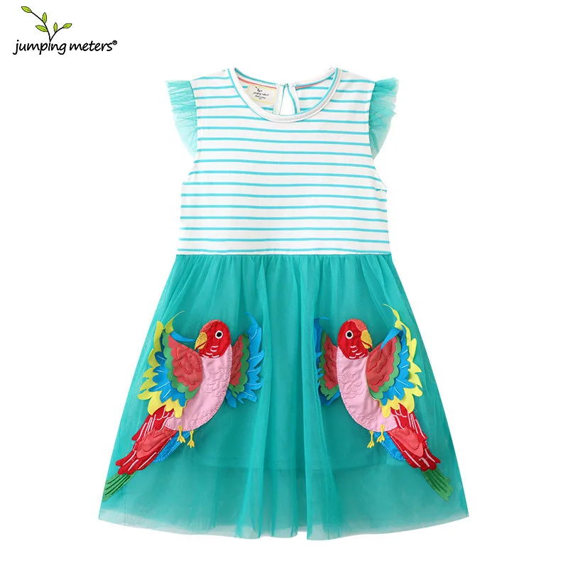 Jumping Meters Summer Hot Selling Children\'s Party Girls Dresses Birds Applique Princess Birthday Animals  Baby Frocks Costume