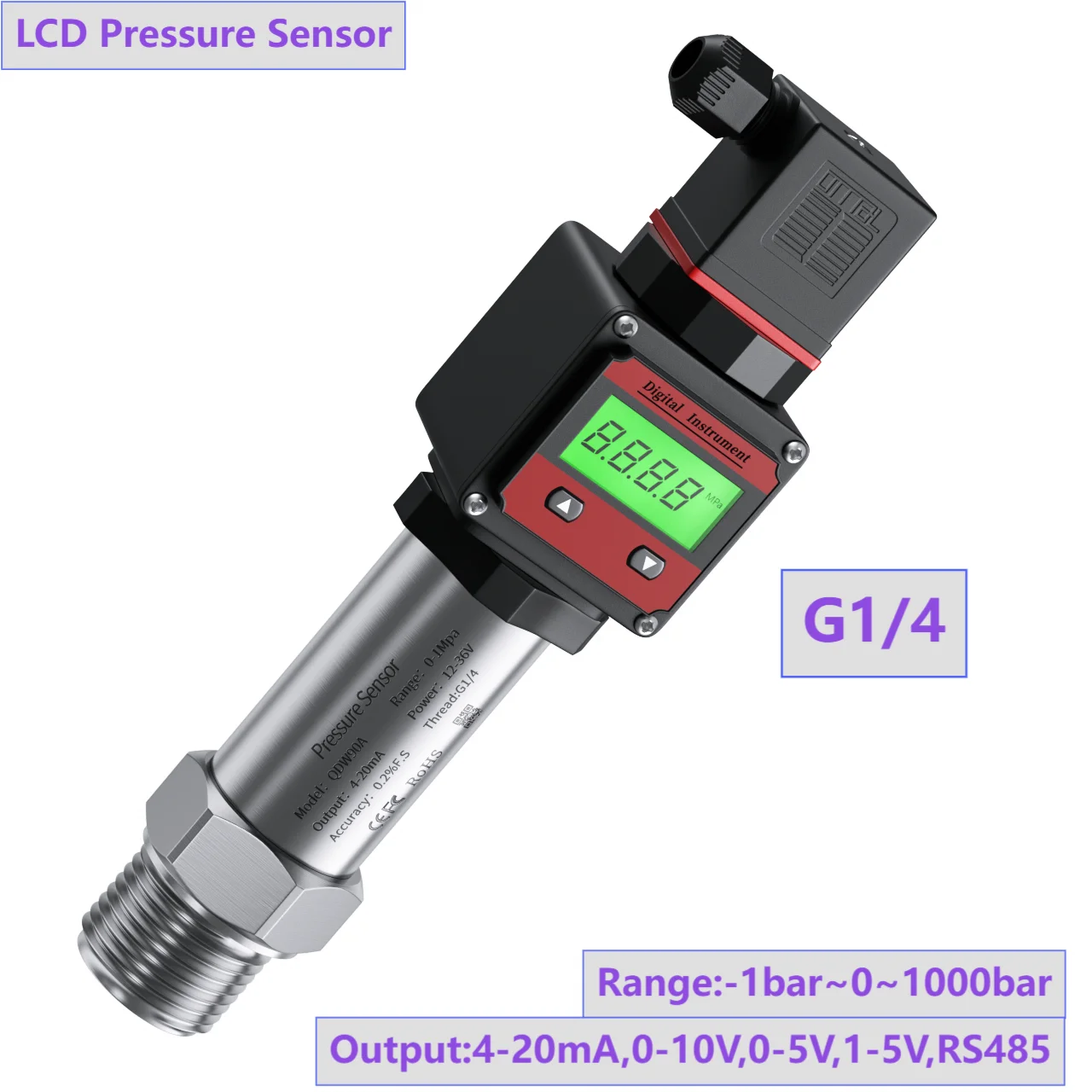 G1/4 Digital Pressure Transmitter -1-1bar 400bar 800bar 1000bar Pressure Gauge Digital Display 4-20mA 0-10V 0-5V RS485