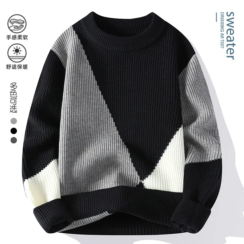 2025 Autumn/Winter New Casual Men's Round Neck Sweater Half High Neck Thick Knitted Sweater