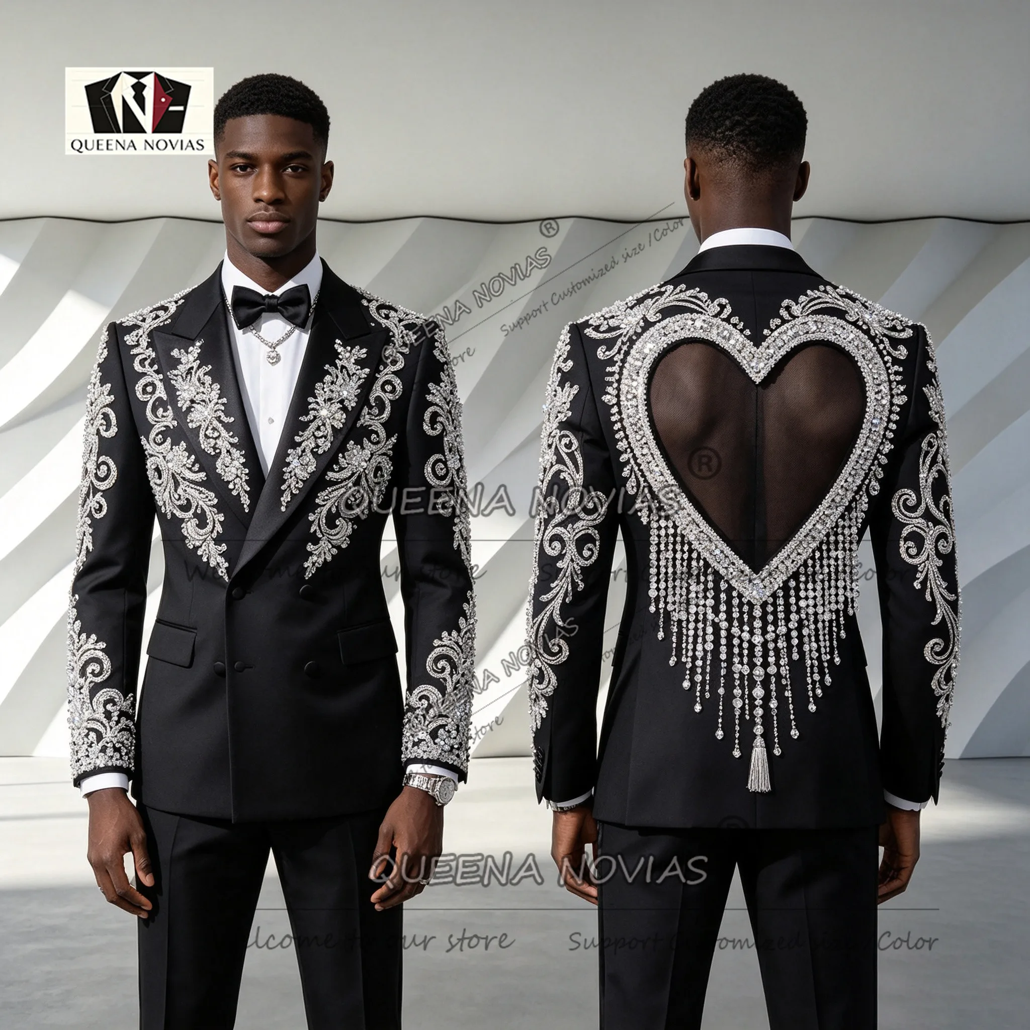 Luxury Men's Suit For Wedding Diamond Beaded Prom Blazer Illusion Tulle Back Groom Tuxedos Slim Fit Male Fashion Clothing 2027