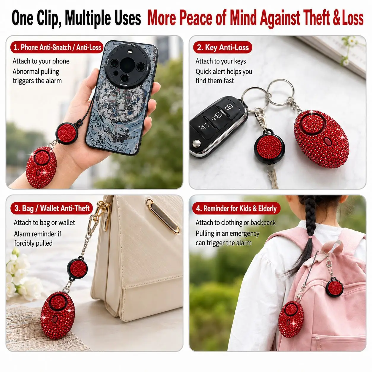 Portable Diamond-encrusted Telescopic Anti-lost and Anti-theft Alarm Keychain Gift Pendant