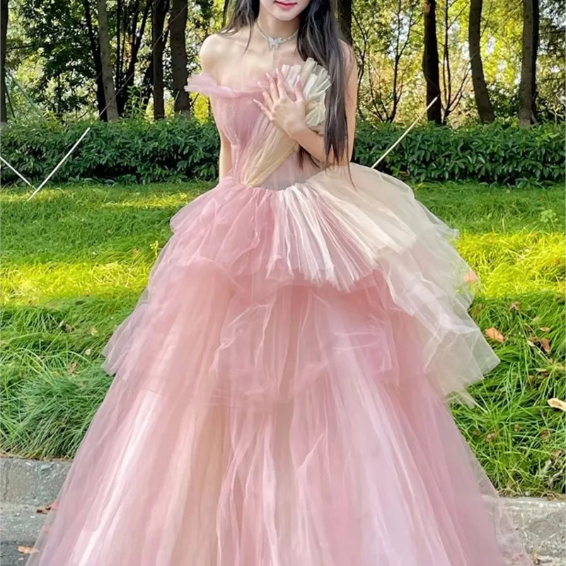 Pink Style Evening Dress for Women Vocal Music Art Test Tulle Skirt Adult Ceremony Costume Piano Performance Host