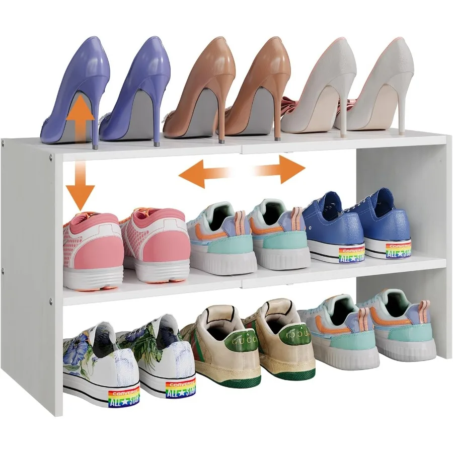 

2Tier Shoe Rack Organizer for Closet Expandable and Adjustable White Shoe Rack Stackable Iron Wood Combination Shoe Storage She