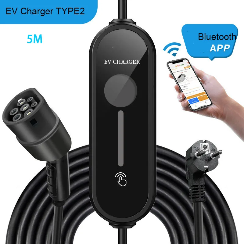 ที่ชาร์จแบตในรถ EV แบบพกพาพร้อมสายเคเบิล7KW 3.5ม. 5ม. 32A 16A ปรับได้สถานีชาร์จในรถยานพาหนะไฟฟ้าพร้อมแอปมือถือ