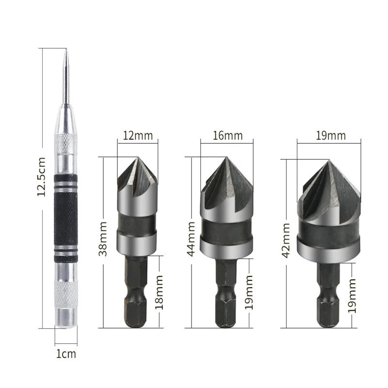 90 Degree 3PC Five Edge Countersink Drill Bit  12/16/19mm  Metal Woodworking Titanium Hole Opener Chamfering Tool  Aluminum