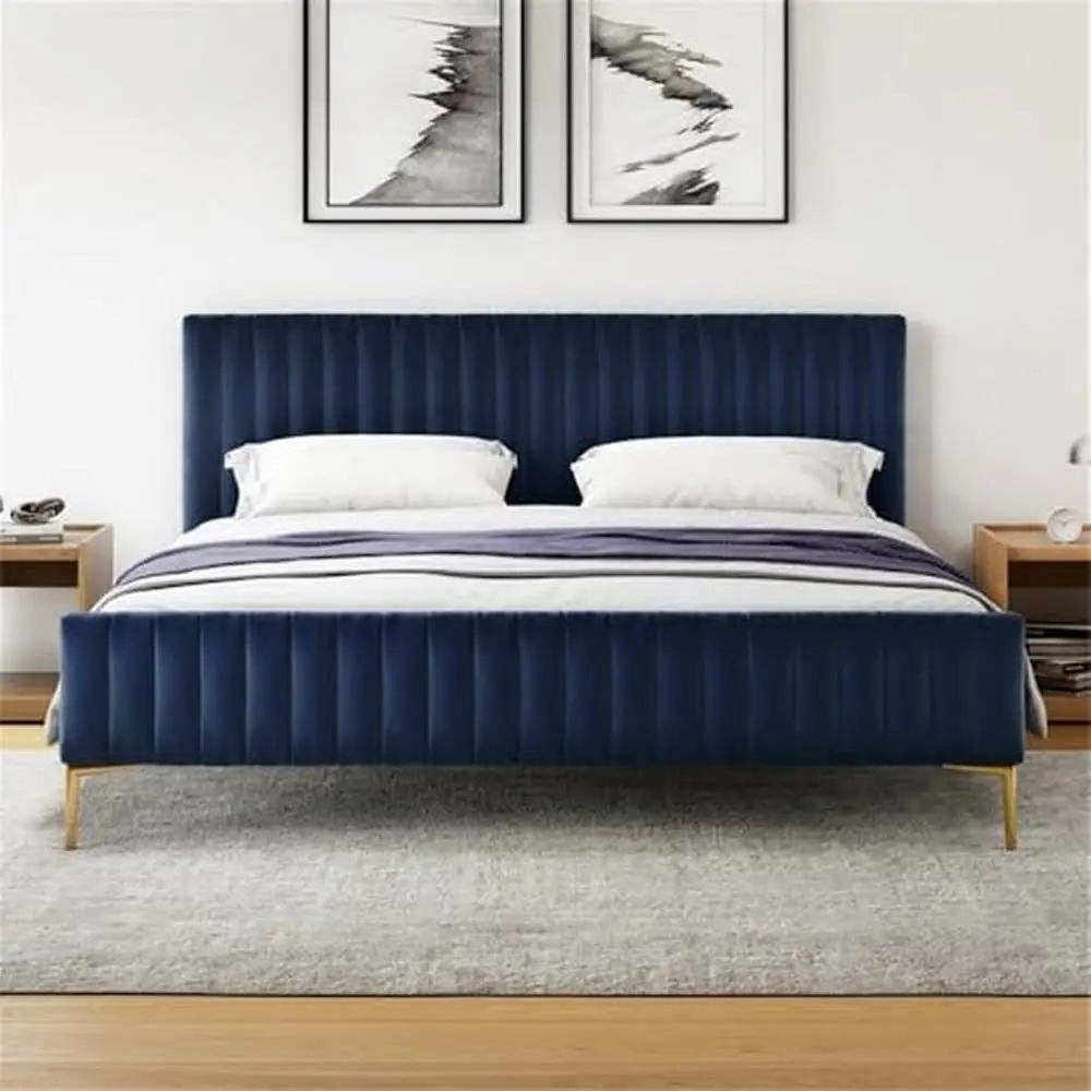 Cama con plataforma King de terciopelo azul capitoné de canal con patas doradas No requiere somier Conjunto requerido