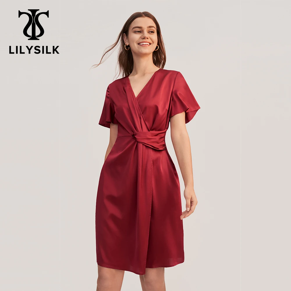 LILYSILK Women Silk Overlapping Design Dress New Femme Crossed V Neck Midi Party Wear Exquisite Lady Clothe Free Shipping