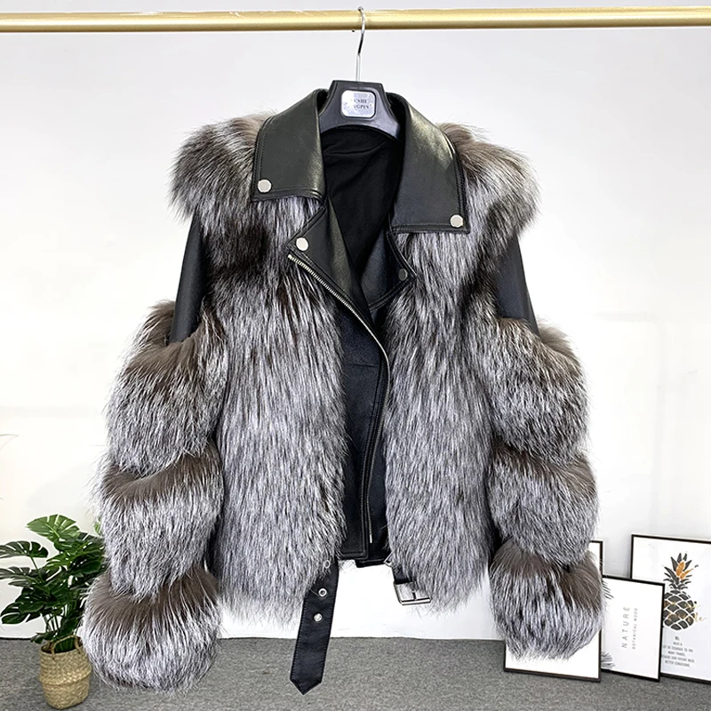 Free Shipping Women Winter Real Fox Fur Jacket Lady Sheepskin Biker Jacket