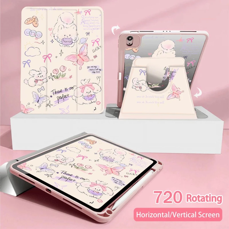 Butterfly Puppy Rotate Stand Cover for IPad Air 5 Air 4 10.9 IPad 10.2 8th 9th Gen Pro 11 2nd 3rd 4th 9.7 5th 6th Gen 10th Funda