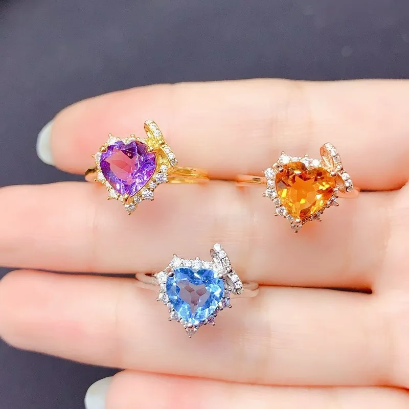 

Heart gemstone silver ring 8mm natural topaz amethyst citrine ring 925 silver crystal jewelry
