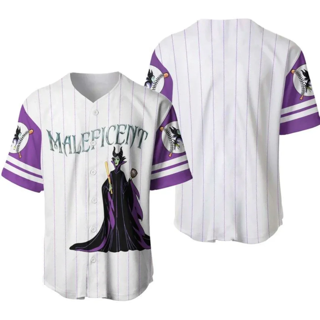 Jersey de beisebol malévola masculina e feminina, manga curta, botão para cima, nome personalizado, disney, moletom casual, top