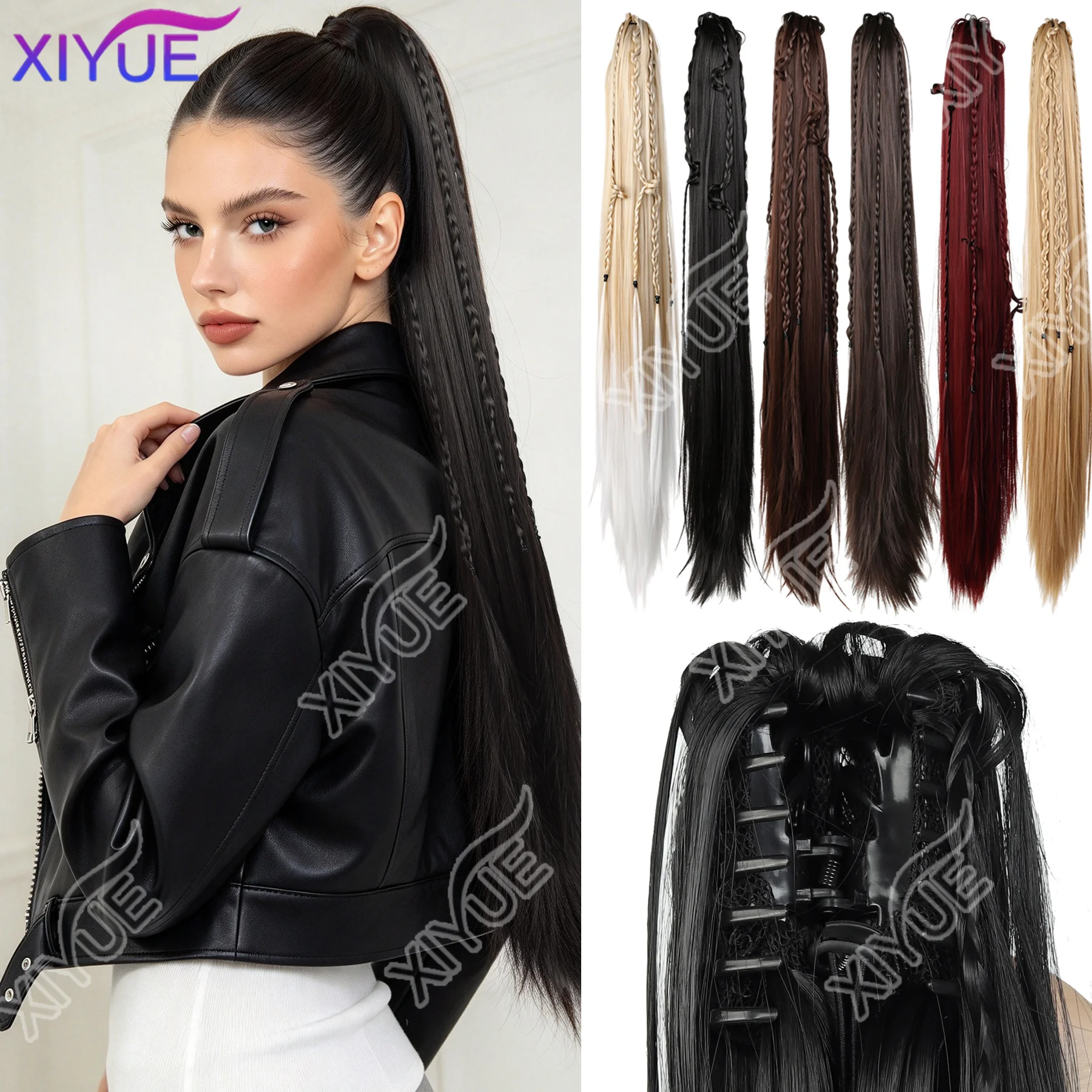 Long Straight Claw Clip On Ponytail Hair Straight Thin Braids Wrap Around Heat Resistant Hairpiece For Halloween Festival Party