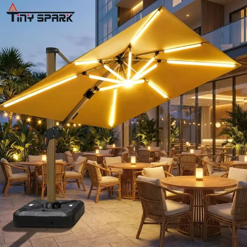 Customized Double Cable-stayed Rod Outdoor Umbrella 360 ° Rotatable Solar Light USB Port Garden Hotel Parasol