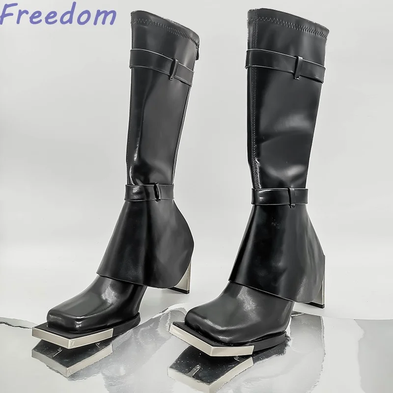 

Lotus tube fashion boots for women in autumn niche square toe 7CM high heels below the knee boots for women