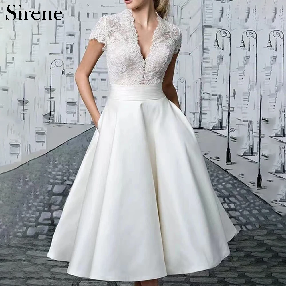 Sirene Elegant Midi Ivory Wedding Dresses Lace Satin V-Neck Tea-Length A-Line Brides Dress Tailor-Made Vestidos De Novias 2024