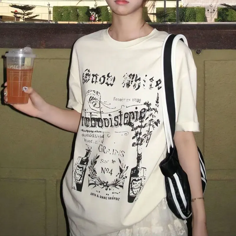 

Female Clothing American Hand-Painted Pullovers Short Sleeve Summer Loose Basic Casual O-Neck Stylish Vintage Letter T-shirts