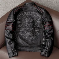 Chaqueta de moto de cuero Original de primavera para hombre, ropa de piel de vaca con bordado de calavera 2025, abrigo ajustado negro para hombre