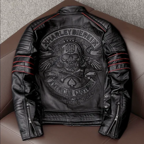 Chaqueta de moto de cuero Original de primavera para hombre, ropa de piel de vaca con bordado de calavera 2025, abrigo ajustado negro para hombre