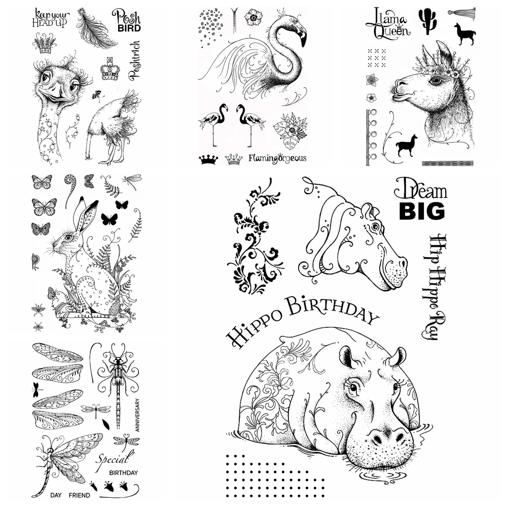 Heiße klare Stempel, Posh-Vogel, Nilpferd, Geburtstag, Einhorn, Flamingorgeous Bunny Dragonfly, gemischtes Muster für DIY-Dekor, Papier, Kartenherstellung