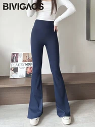 BIVIGAOS Spring Summer New Navy Color Sharkskin Flared Leggings Women's Casual Slim High Waist Tight Fitting Horseshoe Pants
