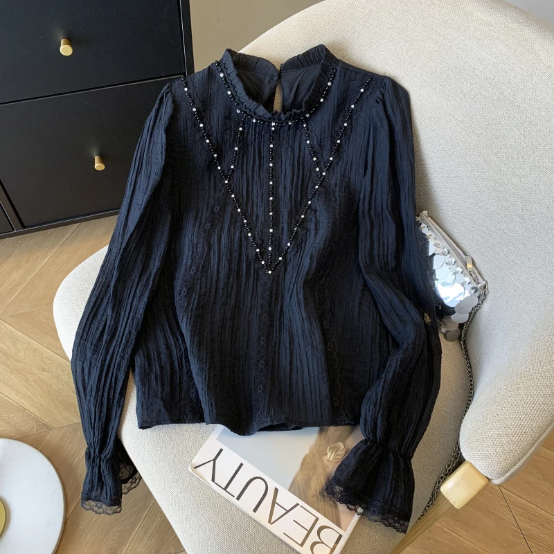 

Повседневные женские блузки с бриллиантами, винтажные рубашки, модная свободная одежда для весны/лета, женский топ с длинными рукавами и кружевом