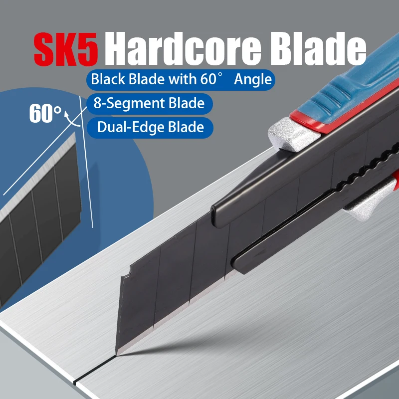 سكينة قابلة للسحب SK5 شديدة التحمل مع مقبض من سبائك الألومنيوم شفرة أوسع 18 مم لضروريات القطع المكتبية والمنزلية