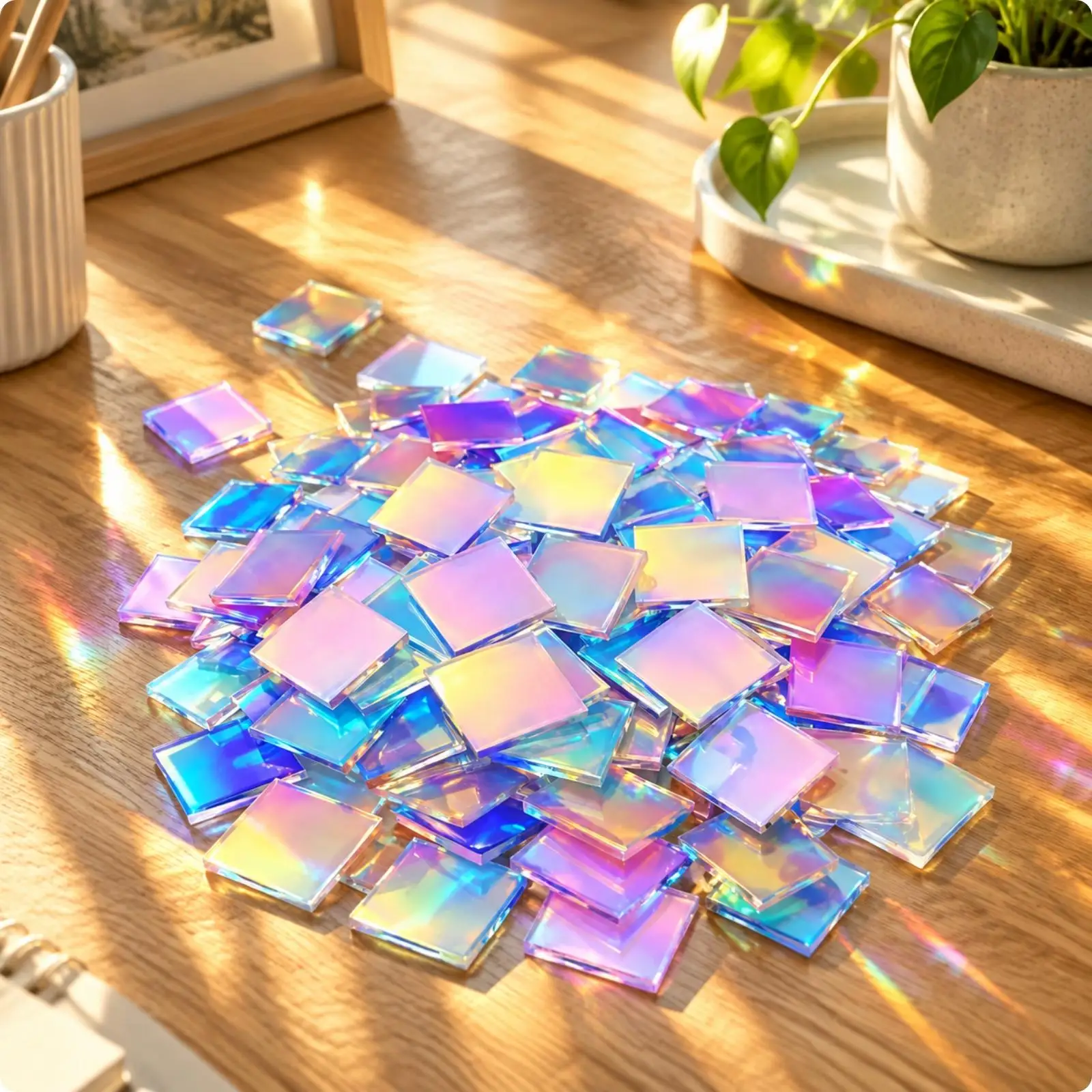 50 Pieces Mosaic Tiles Versatile Translucent Acrylic Squares with Holographic Finish Holographic Acrylic Squares for Crafters