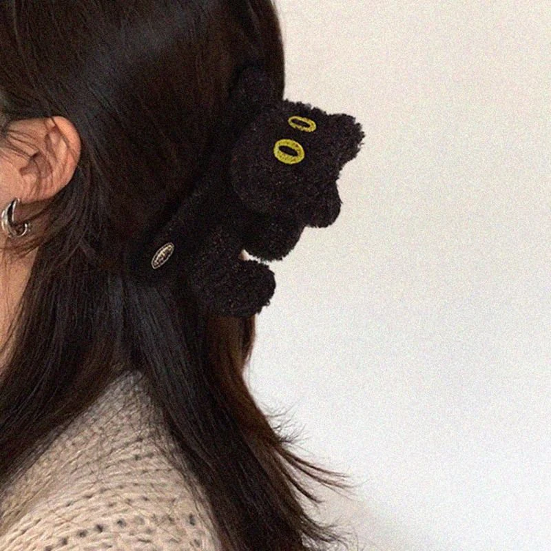 Cute Black Cat Plush Internet Celebrity Shark Clip Back of the Head Updo Hair Claw Clip Winter Headdress