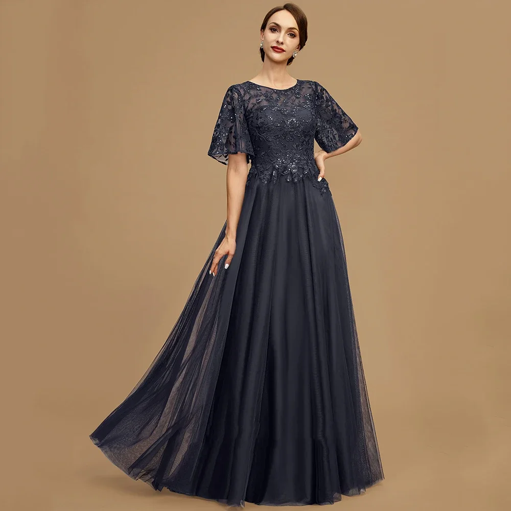 

Navy Bule Long Mother Of The Bride Dresses Lace Appliques Sequined A-Line Prom Gown Half Sleeve Tulle Party Dress For Women