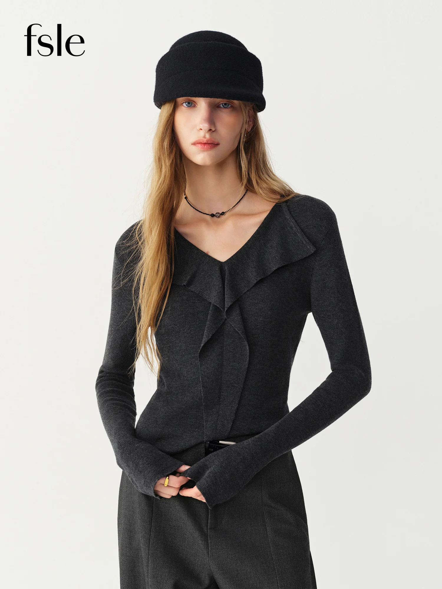 FSLE 2026 Women Heather Grey Wool Blend Ruffle Collar Long Sleeve Slim Pullover Knit Base Layer Warm Casual Bottoming Sweater