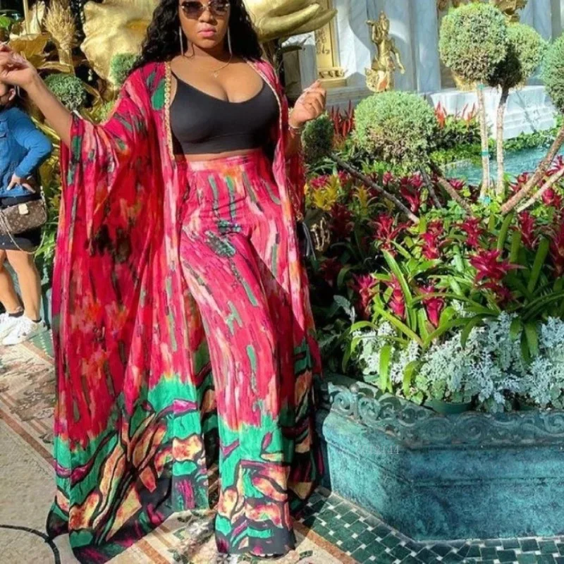 Summer Chiffon Pants Sets for African Ladies Printed Loose Batwing Sleeve Fashion Elegant Evening Night Party Matching Sets Hot