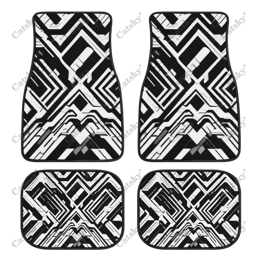 Black And White Geometric Pattern Car Auto Floor Mats Carpet, Customized Car Floor Mats All Weather Automotive Floor Pad Stylish